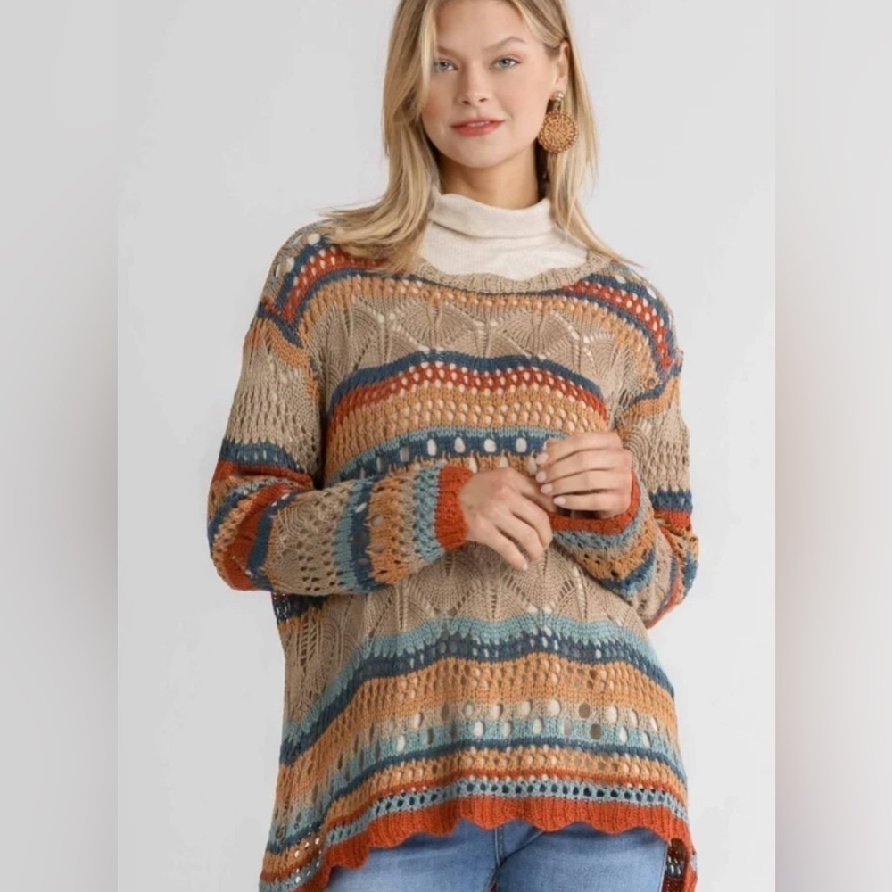 Umgee Multicolor Tan Crochet Knit Stripe Pullover Sweater Scalloped Hem Size MED